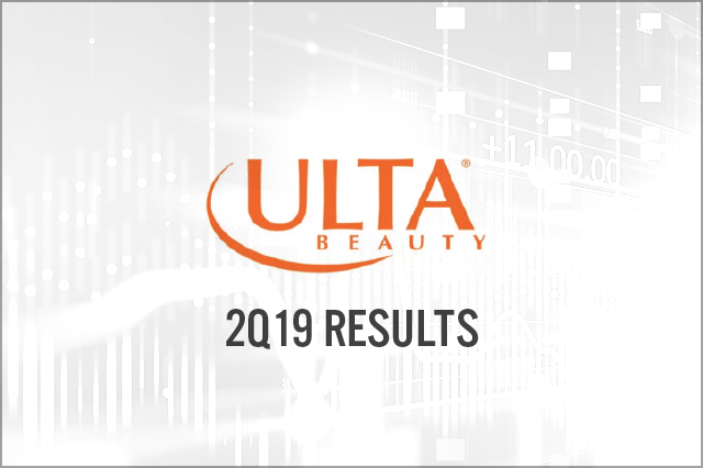 Ulta (NASDAQ: ULTA)  2Q19 Results: Revenues Up but Below Consensus, Reduces Guidance due to Slowdown in US Cosmetics