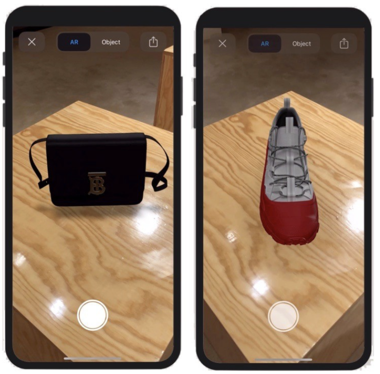 Burberry’s AR function displays virtual renderings of its products overlaid onto a user’s environment through their smartphone