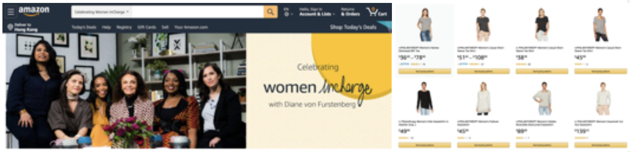 Diane von Furstenberg and other female entrepreneurs pictured on Amazon.com (left) and N:Philanthropy products on sale on the platform (right)