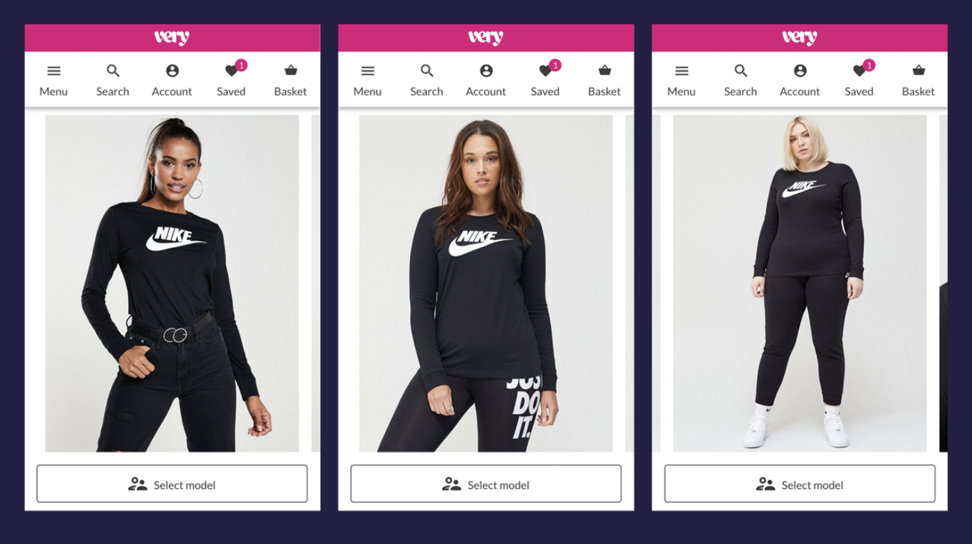 Very.co.uk’s feature displays clothing on models sized 8, 14 and 18