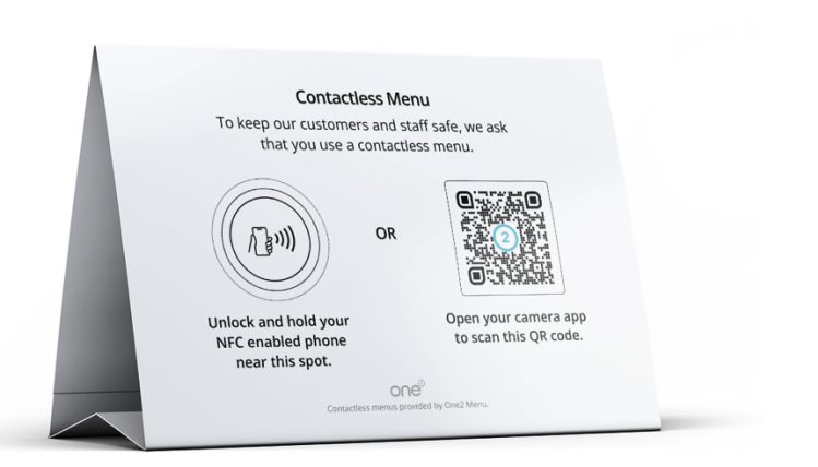 A tent card from One2, a provider of contactless menus and restaurant menu