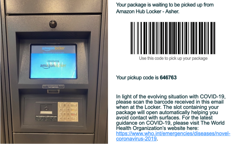 An Amazon locker input panel and pickup barcode