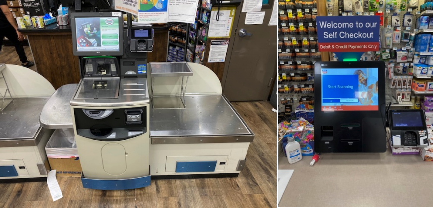 Grocery self-checkout terminal (left); Drugstore self-checkout terminal (right)