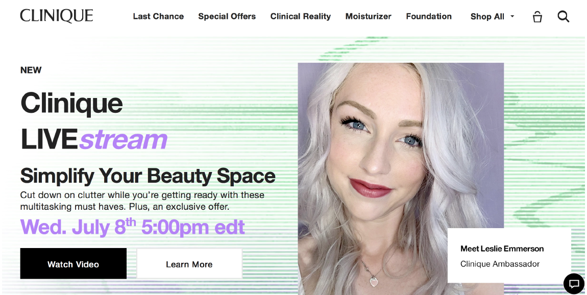 Livestreaming events have been launched on Clinique’s website