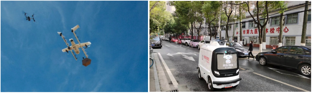 Alphabet’s Wing drone (Left); JD.com’s autonomous delivery robot (right)