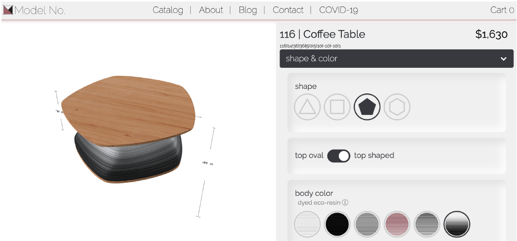 Customization options for a Coffee Table on the Model No. Furniture website