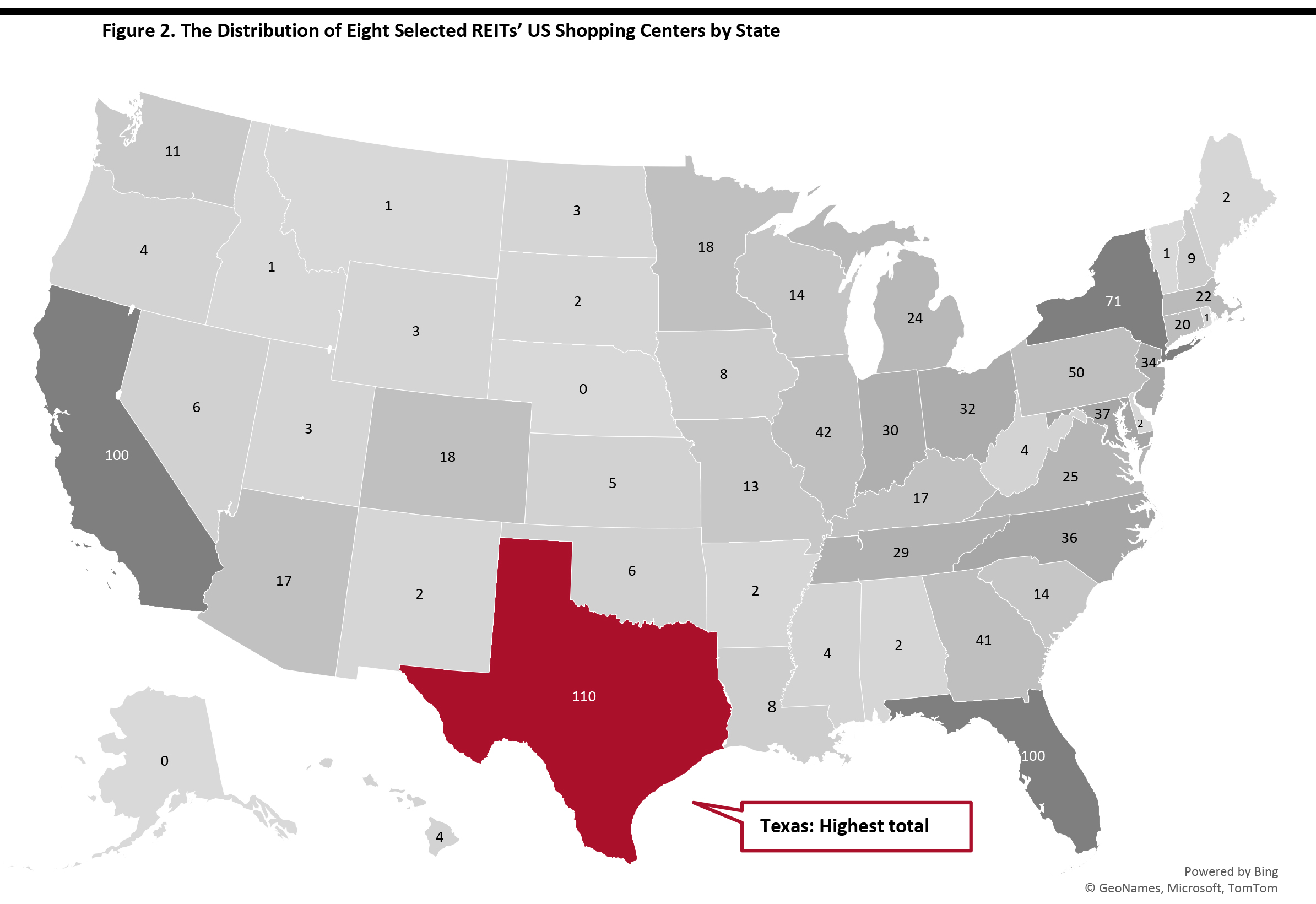 Figure 2. The Distribution of Eight Selected REITs’ US Shopping Centers by State