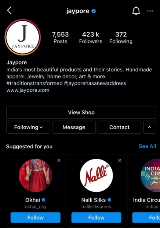 Indian fashion and lifestyle retailer Jaypore’s Instagram account