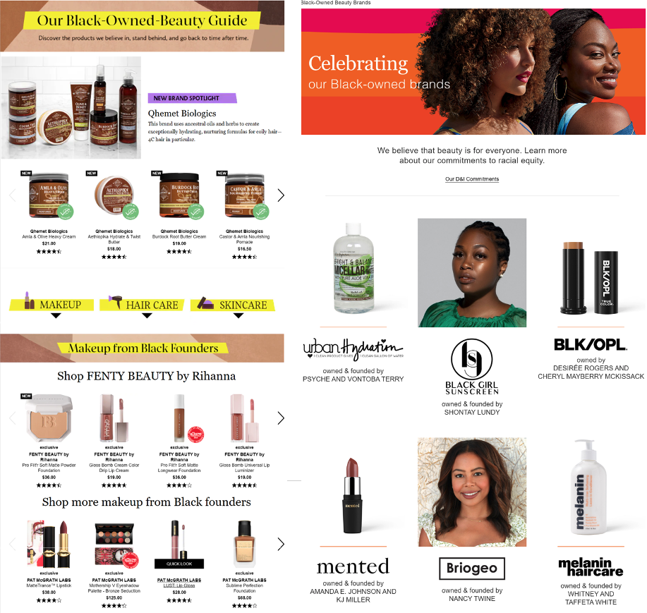 Black-owned beauty brands pages on Sephora.com (left) and Ulta.com (right)