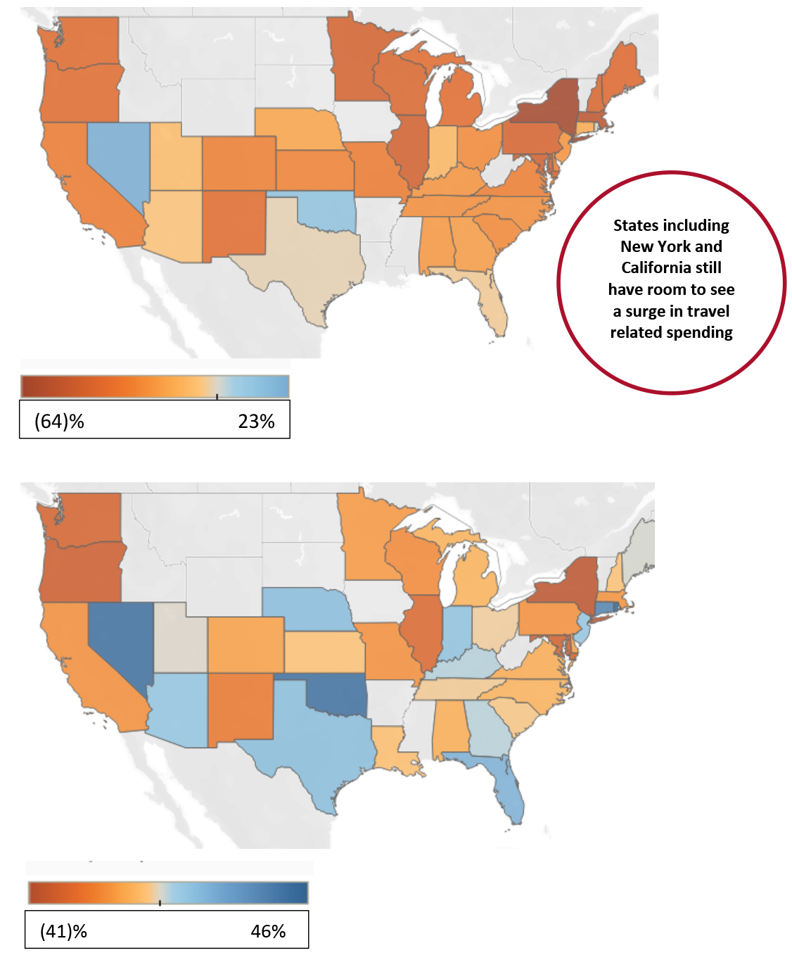 Seated Diners by State: Seven-Day Average at Reopened Restaurants of April 16, 2021 (Top) vs. May 26, 2021 (Bottom) (% Change from Pre-Pandemic 2019)