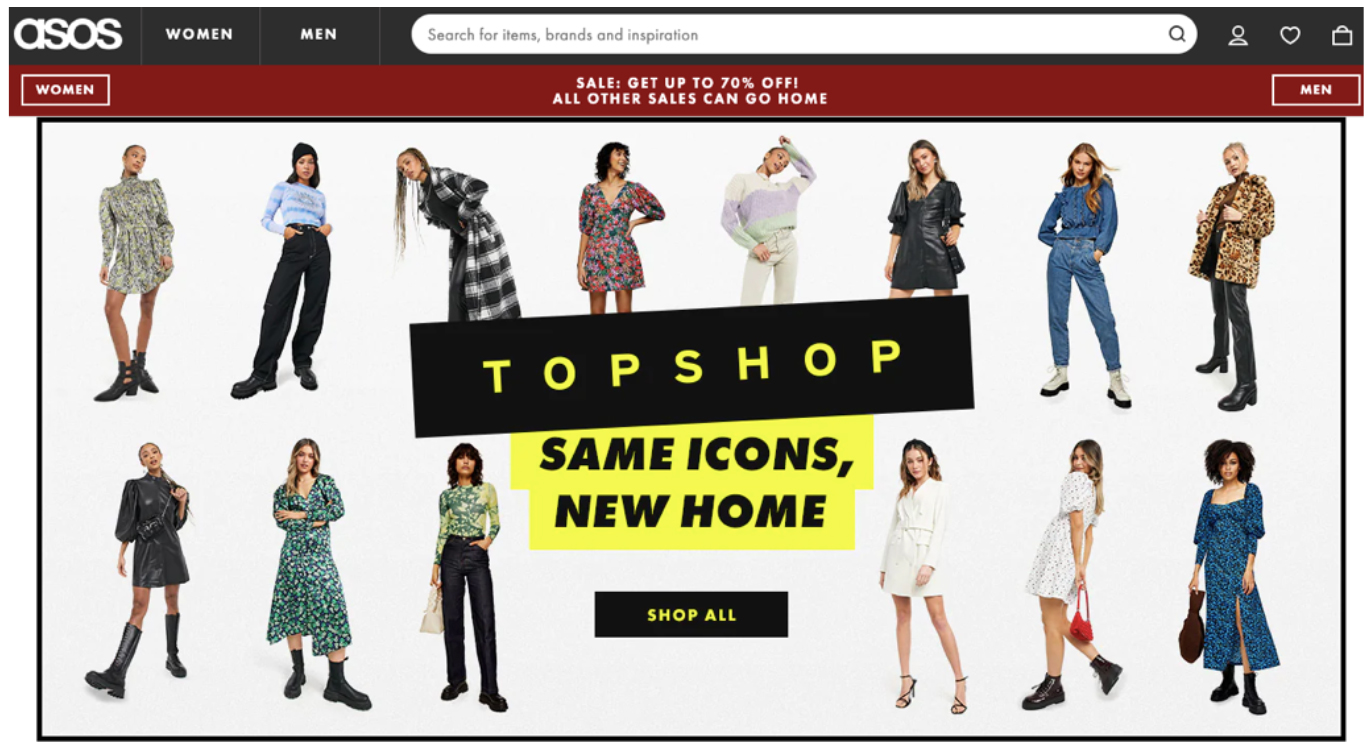 Topshop’s product assortment on the ASOS website 