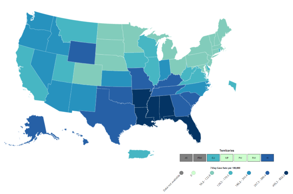 Figure 4. US Covid-19 Seven-Day Case Rate per 100,000 People, by State/Territory, as of August 9, 2021