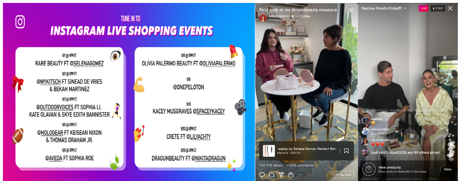 Live shopping events schedule (left); Gomez promoting Rare Beauty items (center); Palermo presenting her own beauty line product (right) 