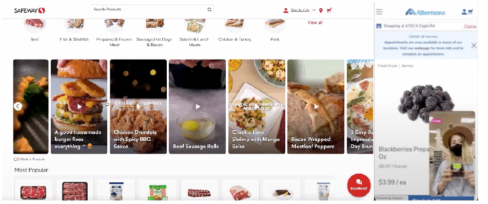 Shoppable videos on Albertsons’ website (left) and a live shopping session on the company’s app (right) 