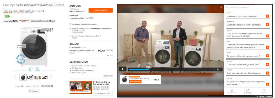 Washing machine product page on the Boulanger website (left) and a live shopping event featuring the product (right) 