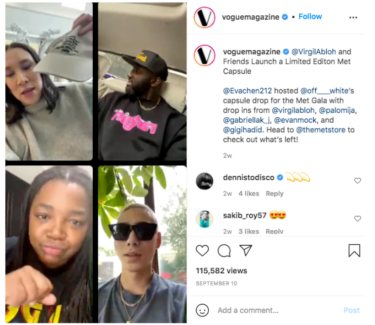 Vogue promotes its livestream event on Instagram, featuring Chen, Director of Fashion at Instagram (top left), Abloh, Off-White Founder (top right), Karefa-Johnson, New York-based stylist and editor (bottom left) and Mock, an American model (bottom right) 