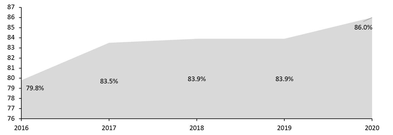 US Swimwear Private Labels and Small Brands: Market Share, 2016–2020 (%)