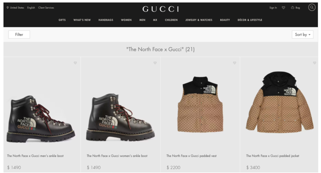 The North Face x Gucci collection on the Gucci online store 