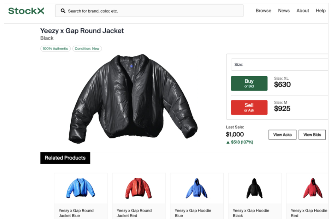 Previously owned Yeezy x Gap jacket for sale at nearly three times the original price on Stockx 