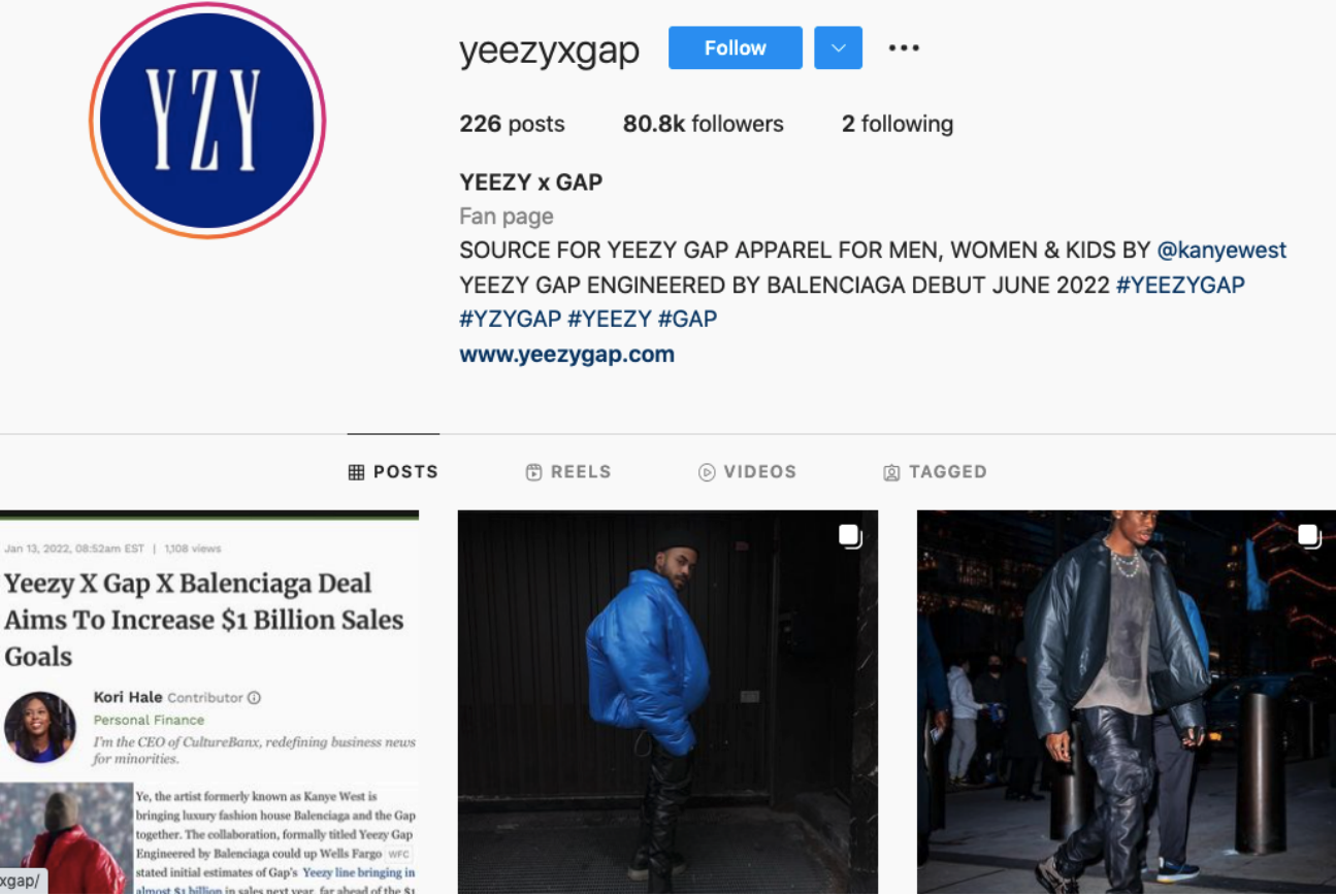 Yeezy x Gap page on Instagram