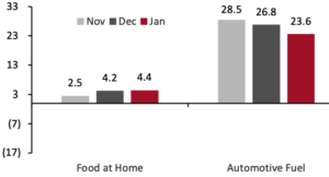 Consumer Prices for Food at Home and Automotive Fuel: YoY % Change