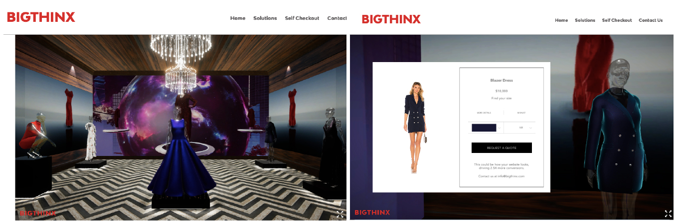 BigThinx’s virtual showroom for brands and retailers (above) and product description using virtual models (below) 