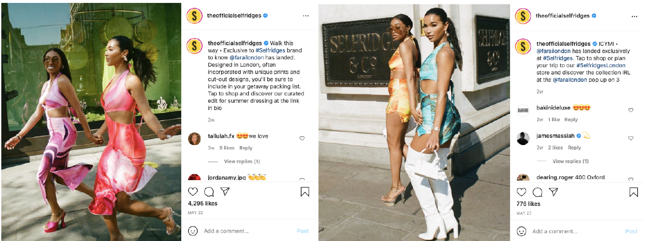 Selfridges’ promotions of Farai London’s pop-up store on its Instagram account 