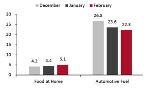 Consumer Prices for Food at Home and Automotive Fuel: YoY % Change