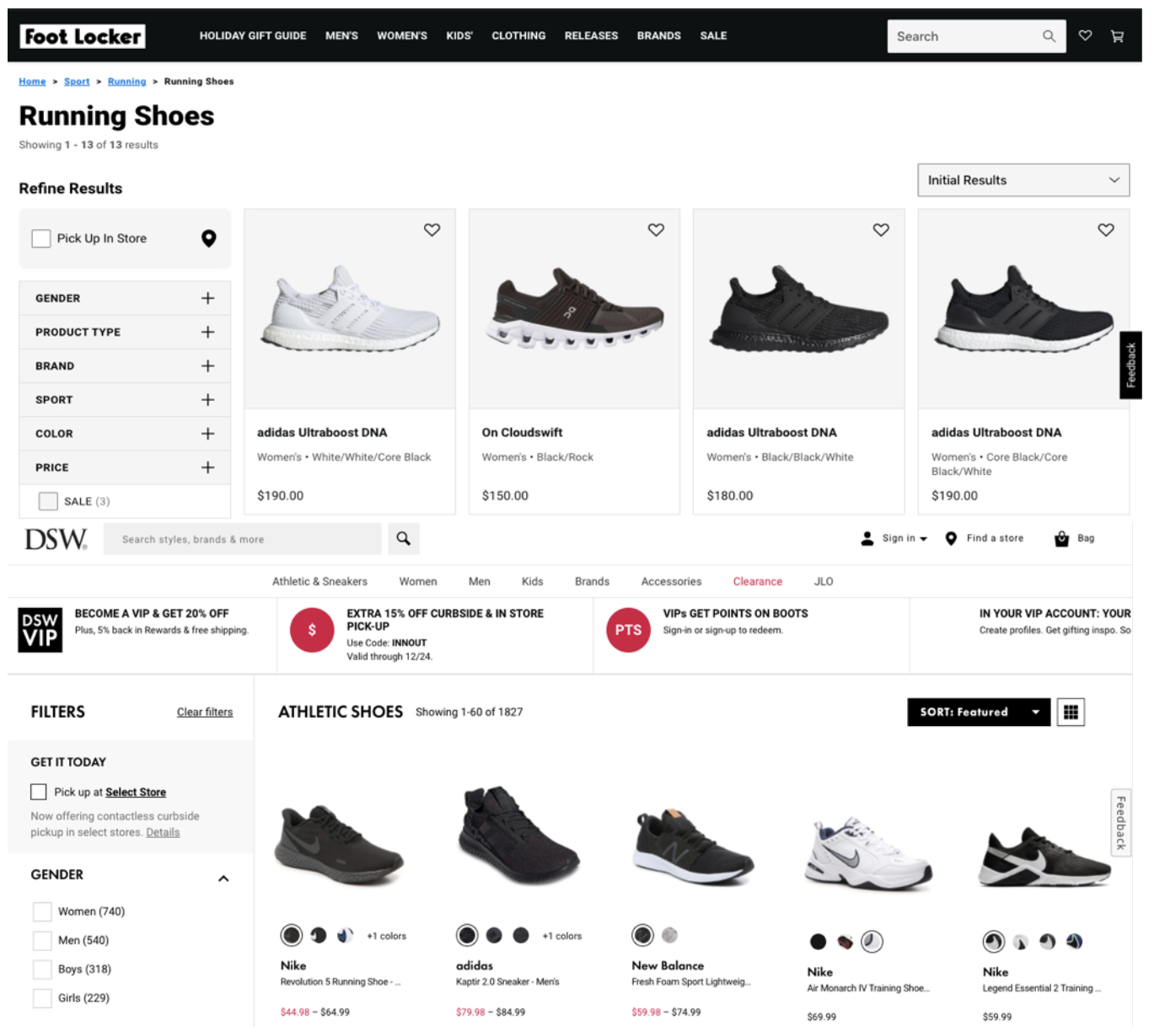 Sports footwear on Foot Locker’s and Designer Brands’ owned DSW websites 