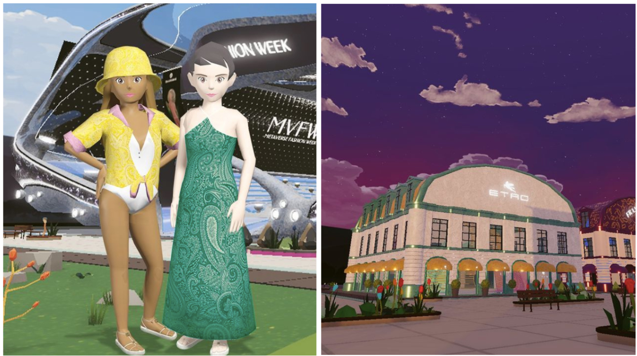 Avatars from Etro’s gender-fluid collection (left); Etro’s virtual storefront (right)