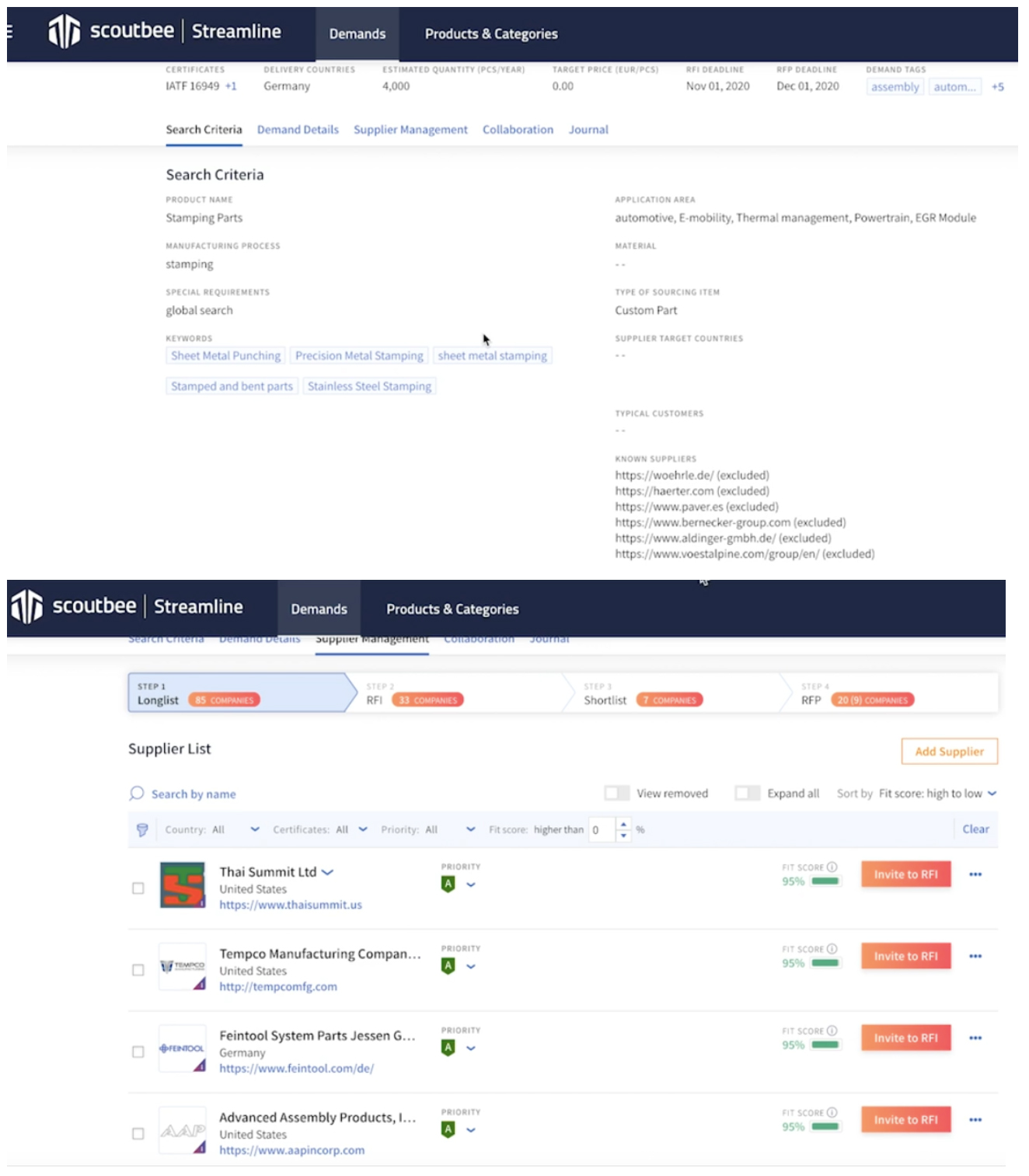 Scoutbee’s supplier search interface with input criteria and longlist results 