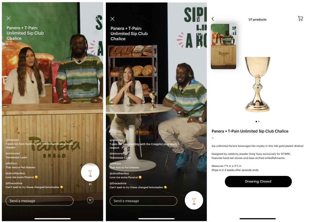 The “Panera + T-Pain: Unlimited Sip Club Chalice” live shopping session with hosts Kylie Mar and T-Pain, and the chalice page on the NTWRK app 