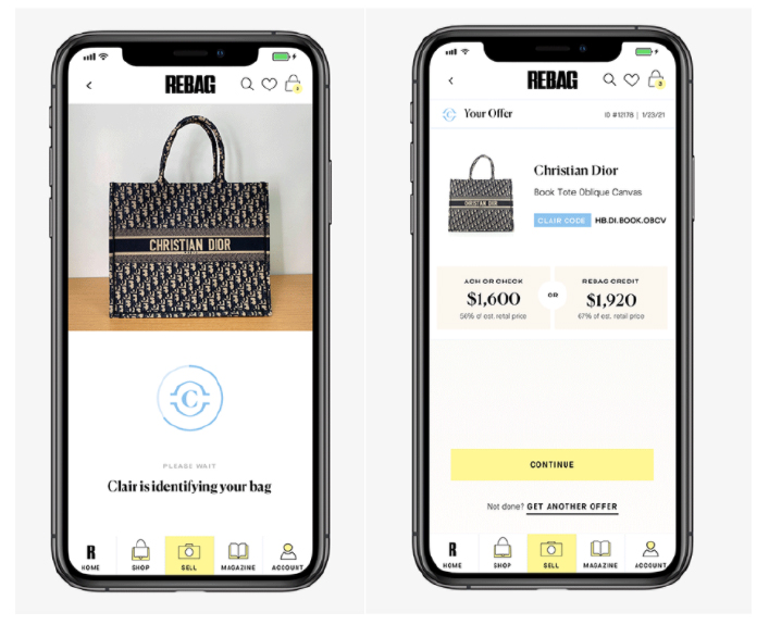 The Clair AI engine identifying a Christian Dior bag and calculating an offer. 