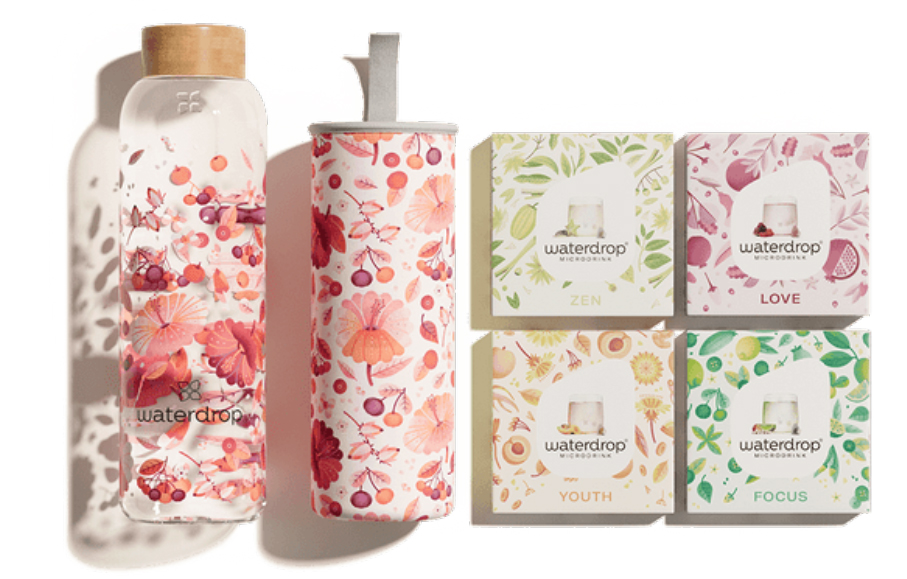 waterdrop’s reusable water bottles (left) and its microdrink packs (right) 