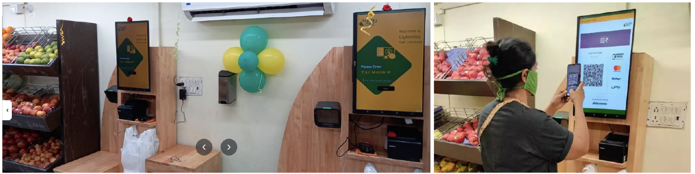 SunnyBee’s self-checkout kiosk (left); a customer performing contactless checkout at SunnyBee’s store in Besant Nagar, Chennai (right) 