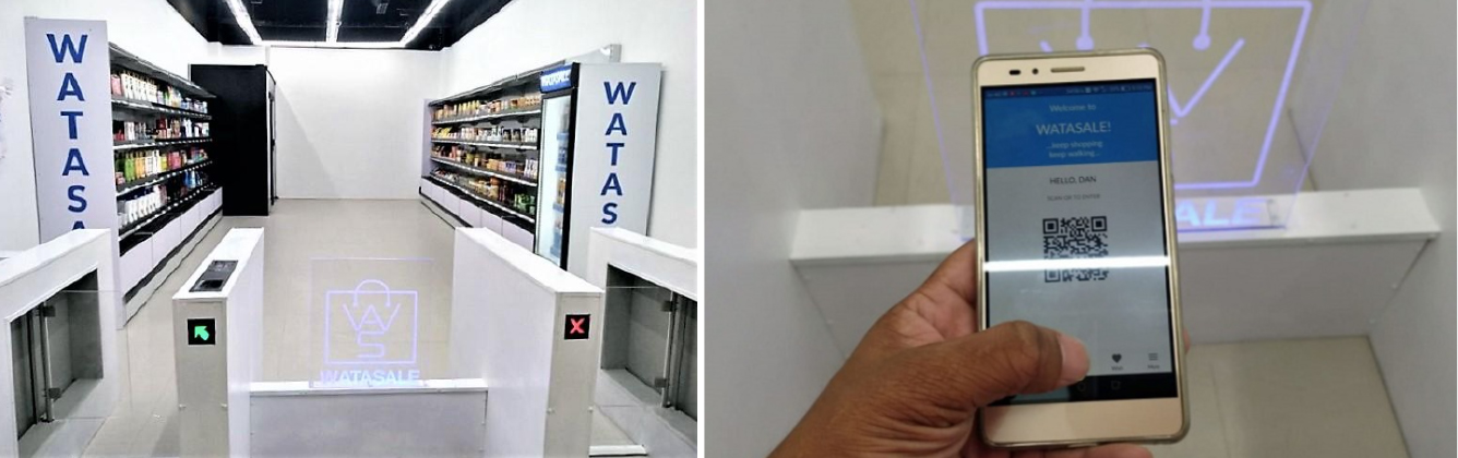 Watasale’s self-checkout store in Kochi (left); a customer using QR-code to enter the store to buy products (right) 