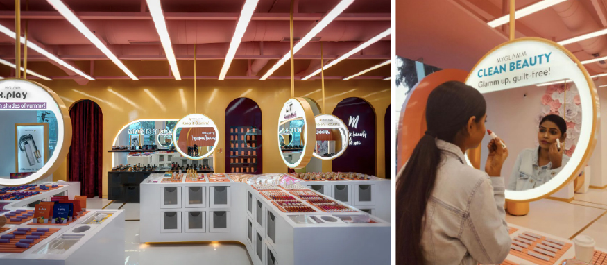 MyGlamm flagship store in Mumbai (left); consumers trying on makeup (right) 