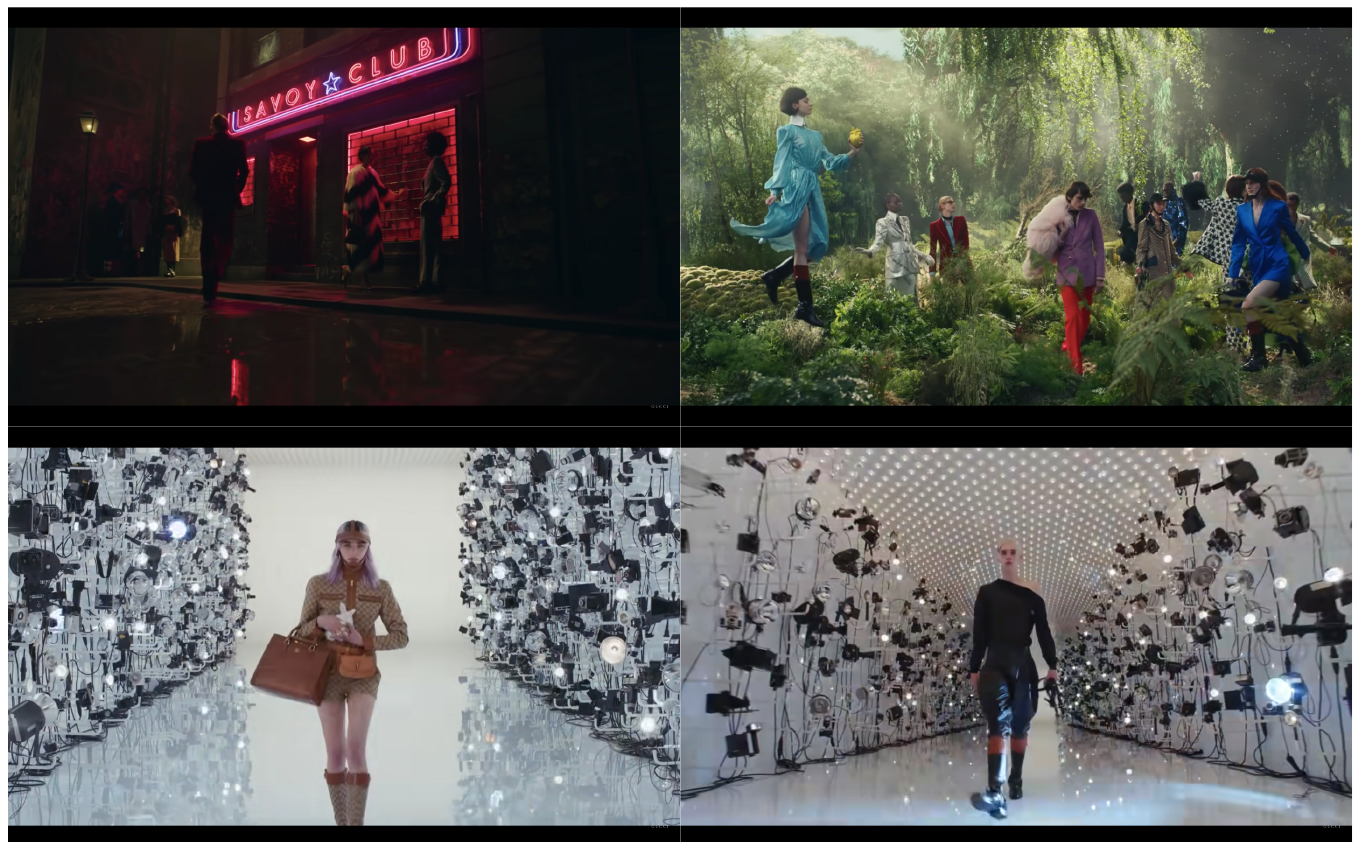 Scenes from Gucci’s Aria film: the opening and closing settings (top left and right) and models showcasing clothing and accessories from the collection (bottom) 