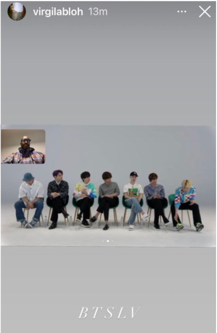 Jimin (third from right) sporting a Louis Vuitton t-shirt in an interview with the late Virgil Abloh. Screenshot from Abloh’s Instagram story 