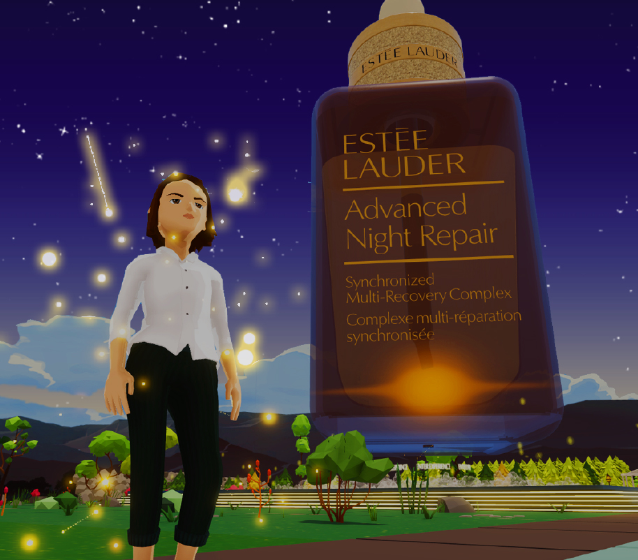 A Decentraland avatar wearing the Estée Lauder Night Repair NFT 