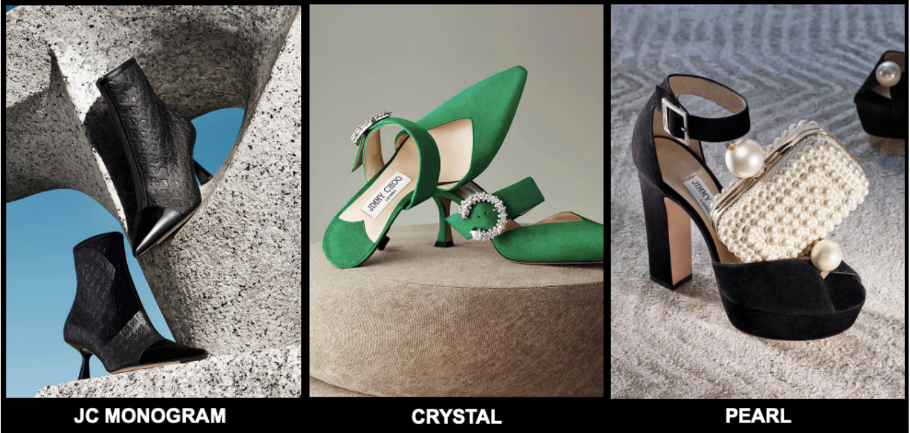 Examples of Jimmy Choo’s brand codes JC Monogram