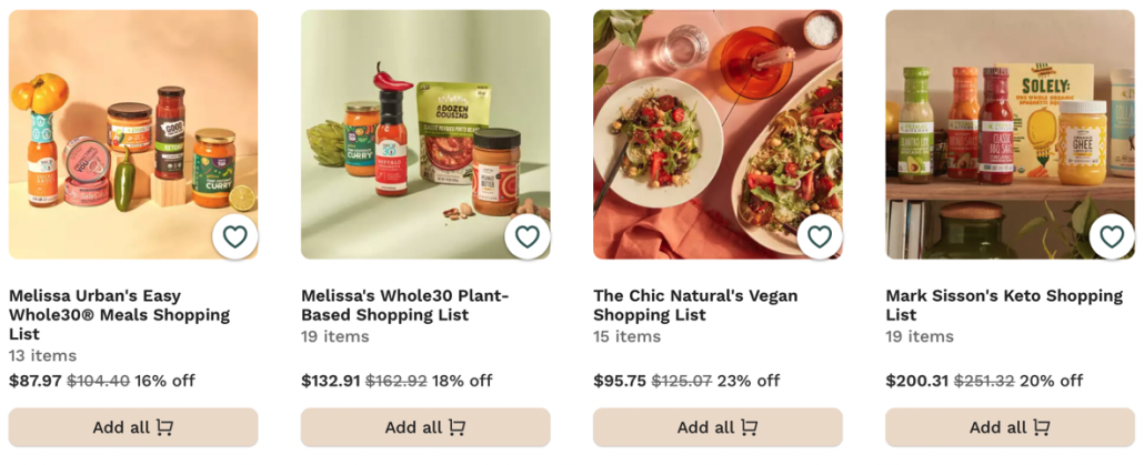Curated shopping lists based on various diets available from Thrive Market